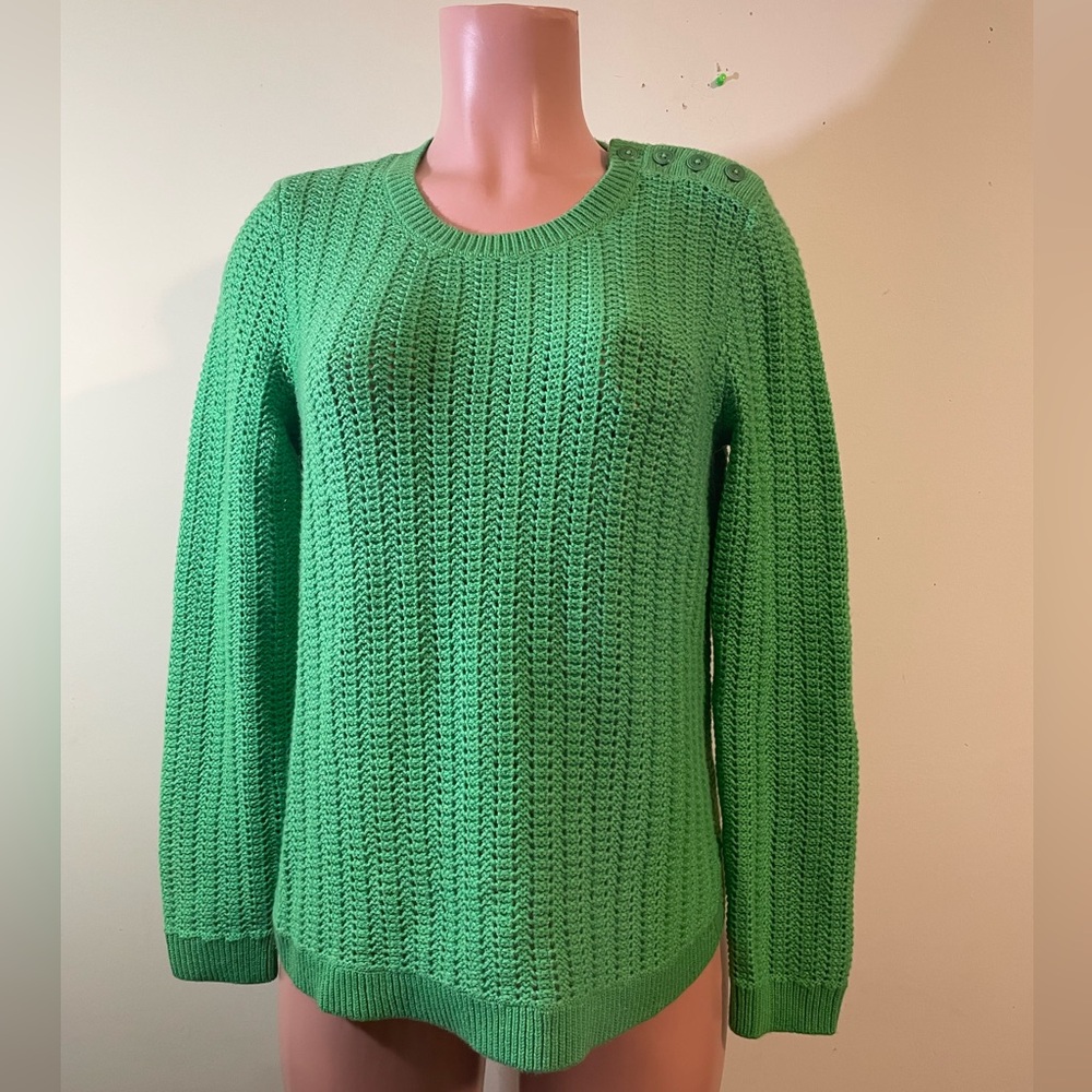 Talbots Women's Medium Green Open‎ Knit Button Shoulder Lambswool Blend Sweater